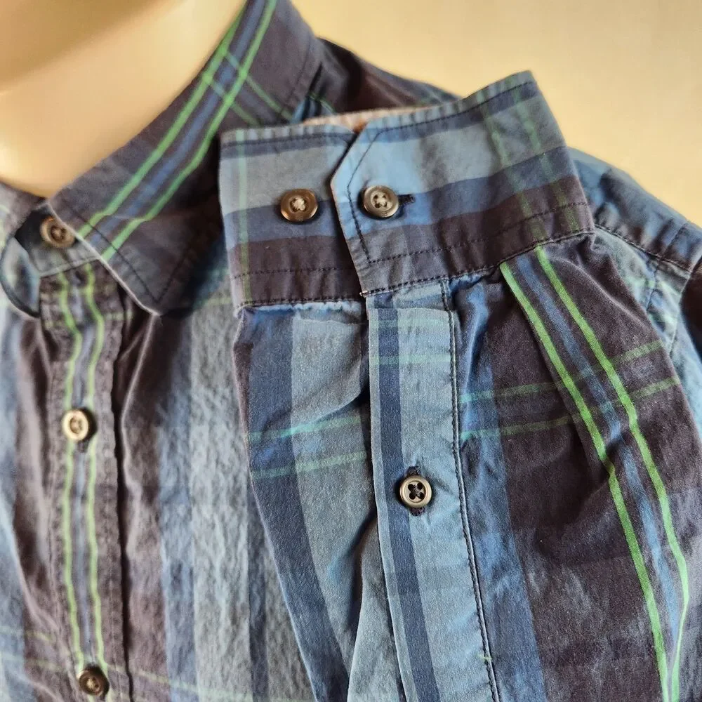 Banana Republic Shirt Mens Medium Blue Button Up Plaid Slim Fit Soft Wash Casual